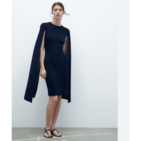 Zara Knit Cape Dress S Navy Blue‎ Party Trendy Sleeveless Classic Cocktail NEW - Picture 3 of 12